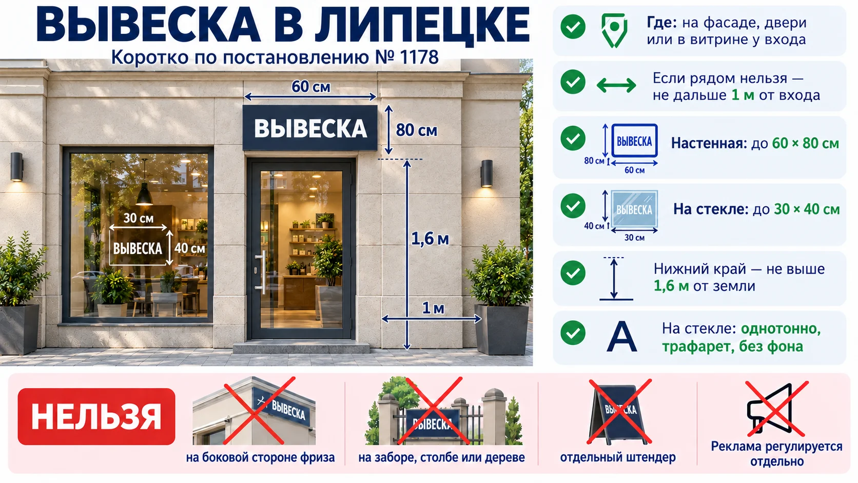 Инфографика: требования к вывеске в Липецке по постановлению № 1178 — размеры 60×80 см на стене и 30×40 см на стекле, нижний край не выше 1,6 м, не далее 0,5 м от входа, запреты на боковой стороне фриза, на заборах, столбах, деревьях и штендеры